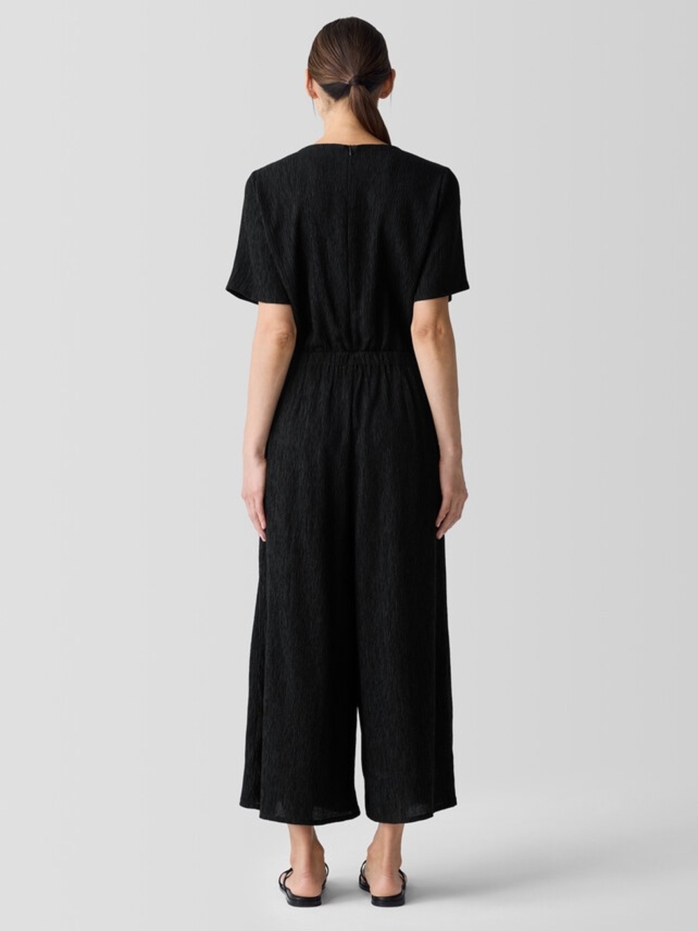 Eileen Fisher - Tencel Woven Plisse Black Wide-Leg Jumpsuit - Picture 2 of 13